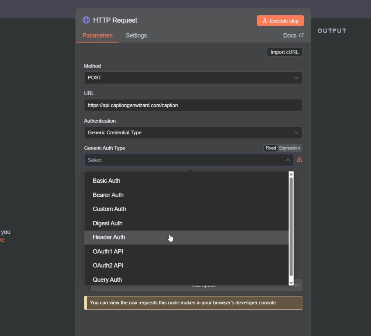 POST request to caption endpoint with header authentication